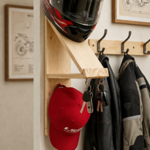 Wall Mounted Wooden Helmet Rack with Key Holder & Cap Hook